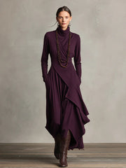 Bohemian Cotton Stretch Turtleneck Asymmetrisch Drapiertes Maxikleid
