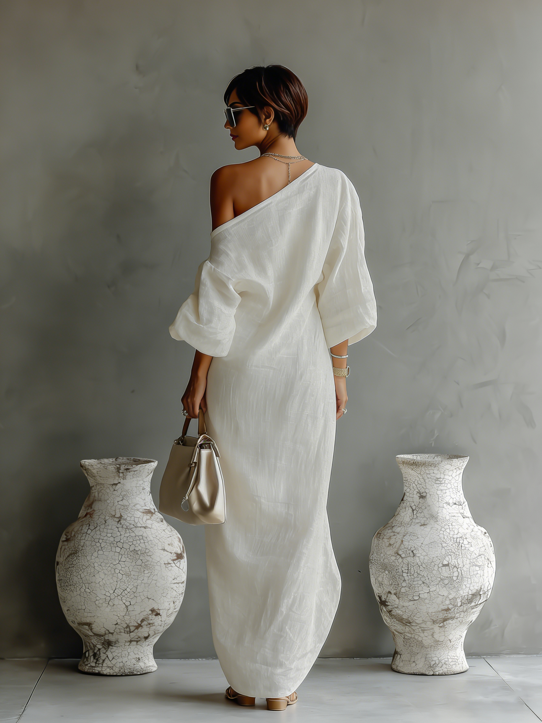 Elegantes fließendes Ein-Schulter-Kleid aus einer Baumwoll-Leinen-Mischung