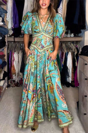 Amelia Quinn | Luftiges Maxikleid mit Puffärmeln und V-Ausschnitt