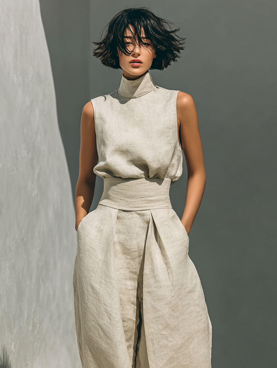 Set aus ärmelloser Bluse und Hose mit weitem Bein aus einer Baumwoll- und Leinenmischung