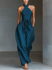 Leinen Stoff Kreuz Halter Weites-Bein Jumpsuit mit Krawatte Taille & Seitentaschen