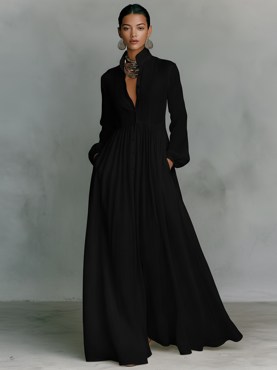Einreihiges langärmeliges Maxikleid aus Baumwolle und Leinen mit Patchwork