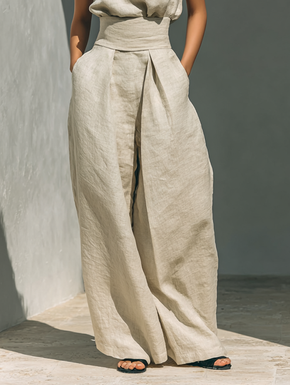 Set aus ärmelloser Bluse und Hose mit weitem Bein aus einer Baumwoll- und Leinenmischung