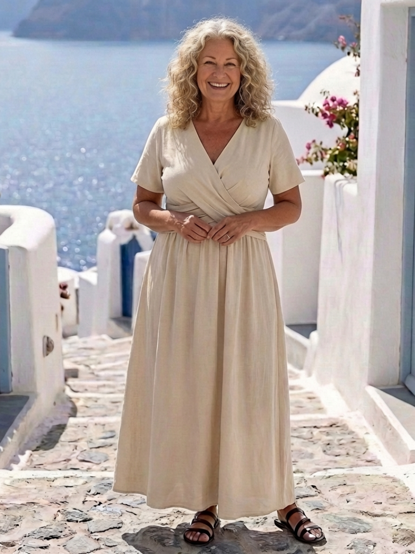 Alvara | V-Ausschnitt Kurzärmeliges Midikleid mit Wickeltaille