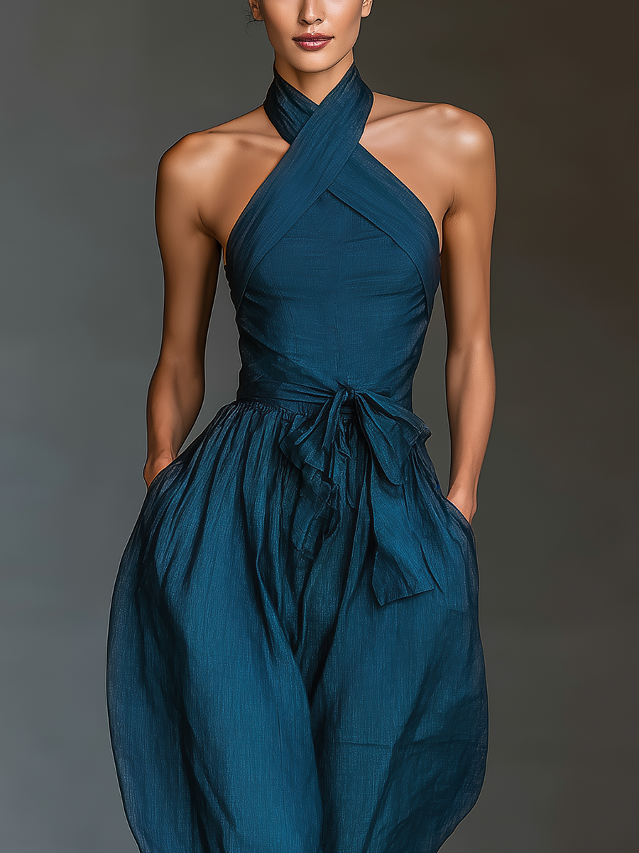 Leinen Stoff Kreuz Halter Weites-Bein Jumpsuit mit Krawatte Taille & Seitentaschen