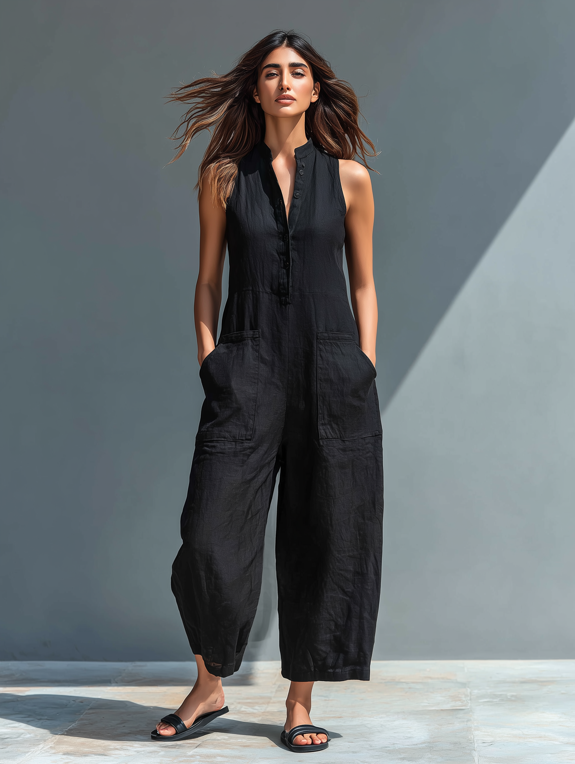 Leinenmischung Button-up Stehkragen ärmelloser Jumpsuit