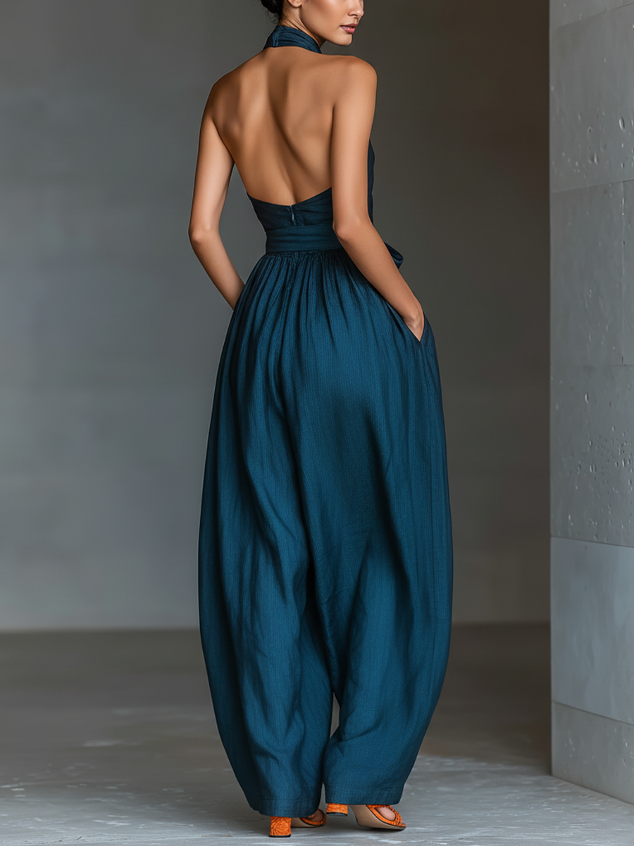 Leinen Stoff Kreuz Halter Weites-Bein Jumpsuit mit Krawatte Taille & Seitentaschen