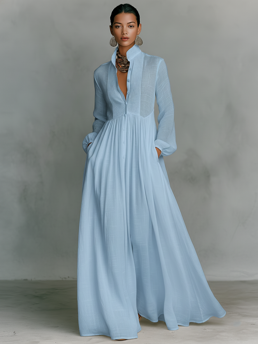 Einreihiges langärmeliges Maxikleid aus Baumwolle und Leinen mit Patchwork