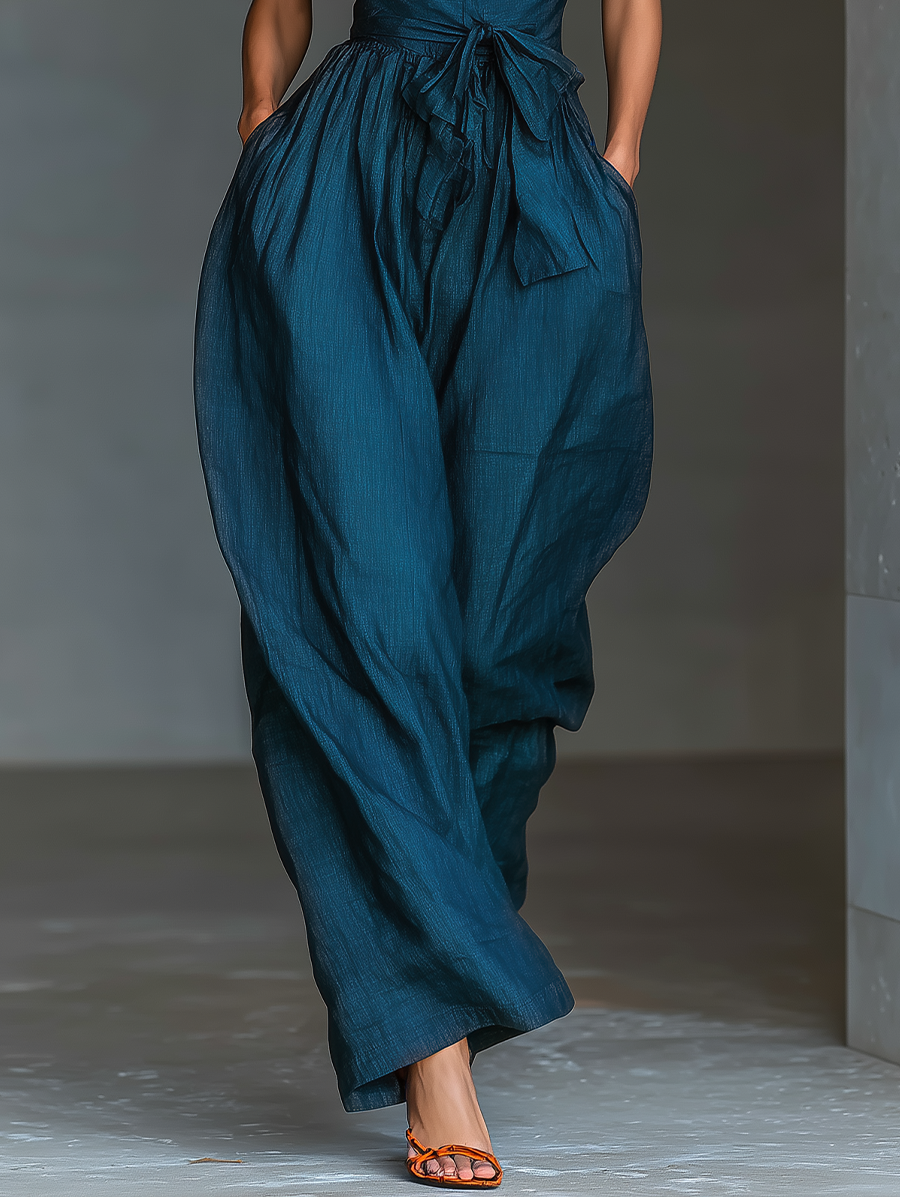 Leinen Stoff Kreuz Halter Weites-Bein Jumpsuit mit Krawatte Taille & Seitentaschen