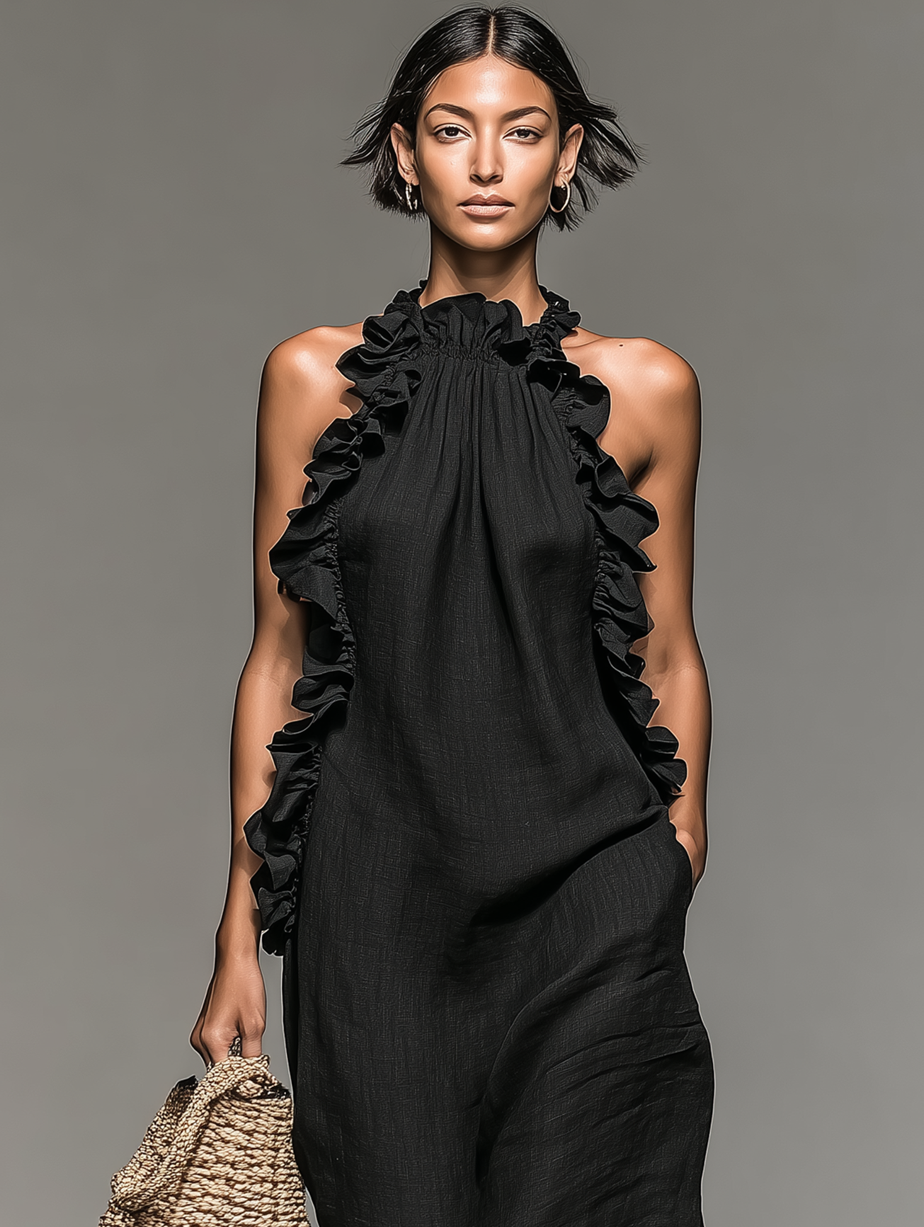 Ärmelloses Maxikleid aus einer Leinenmischung mit Rüschendetails