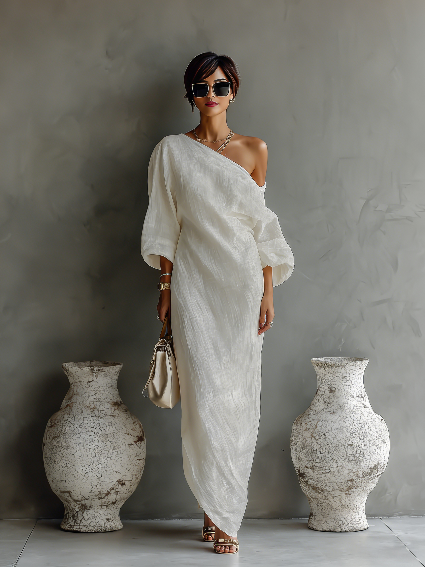Elegantes fließendes Ein-Schulter-Kleid aus einer Baumwoll-Leinen-Mischung