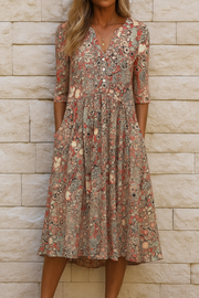 Eliskaa – Elegantes Kleid mit floralem Muster und V-Ausschnitt