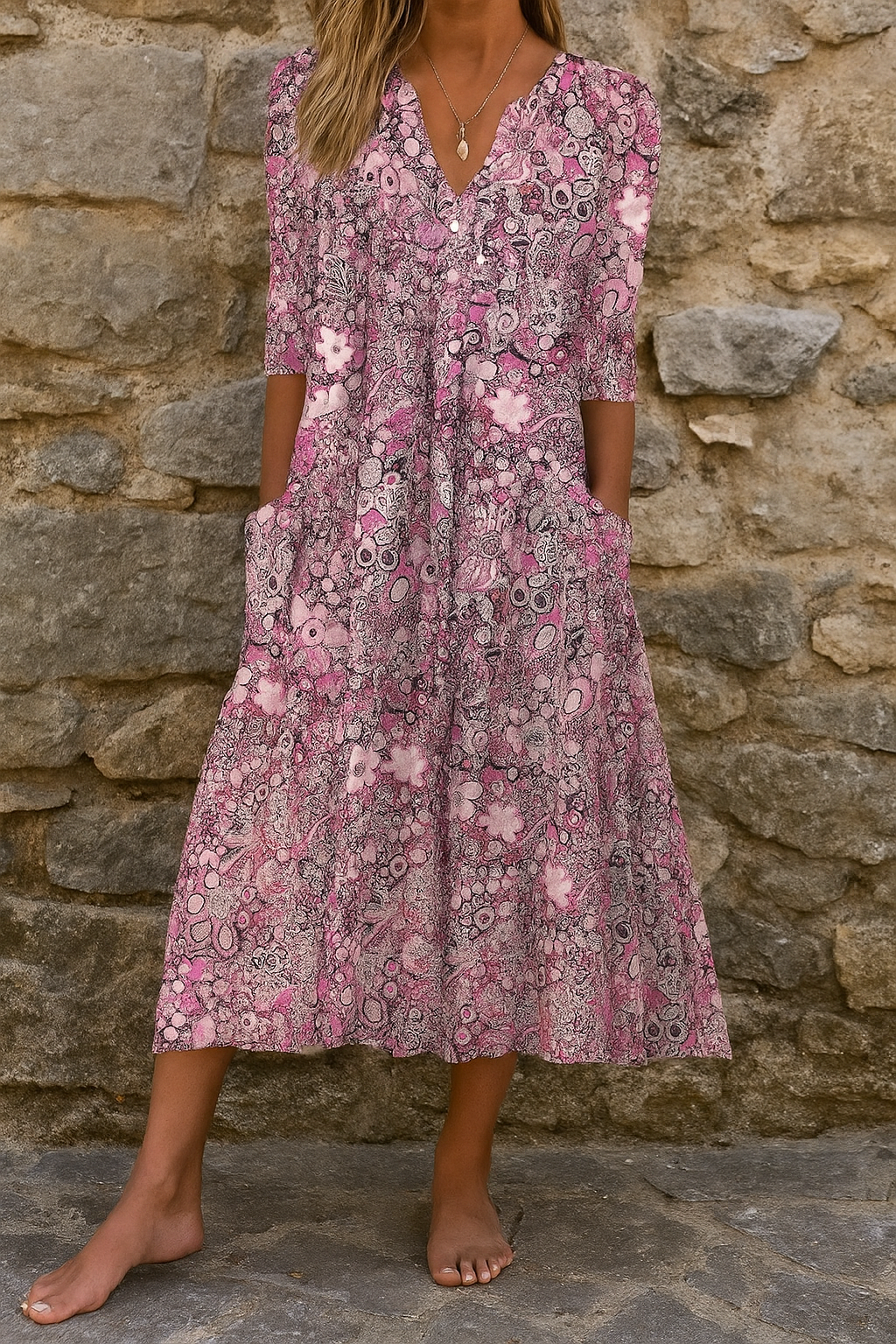 Eliskaa – Elegantes Kleid mit floralem Muster und V-Ausschnitt