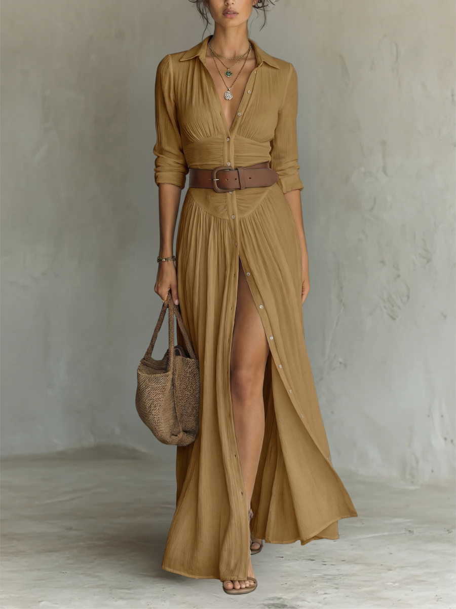 Langes Maxikleid mit Reverskragen und langen Ärmeln aus Leinen für Frauen