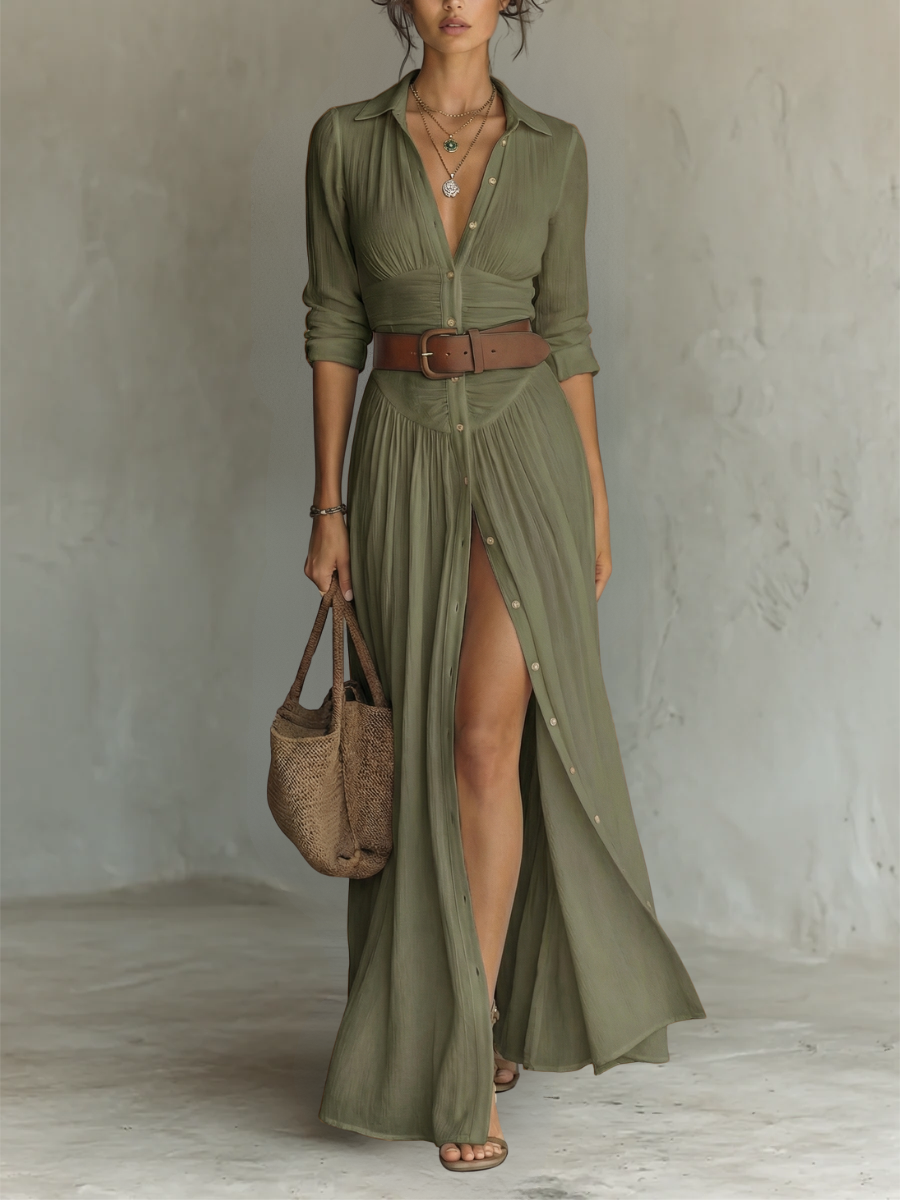 Langes Maxikleid mit Reverskragen und langen Ärmeln aus Leinen für Frauen