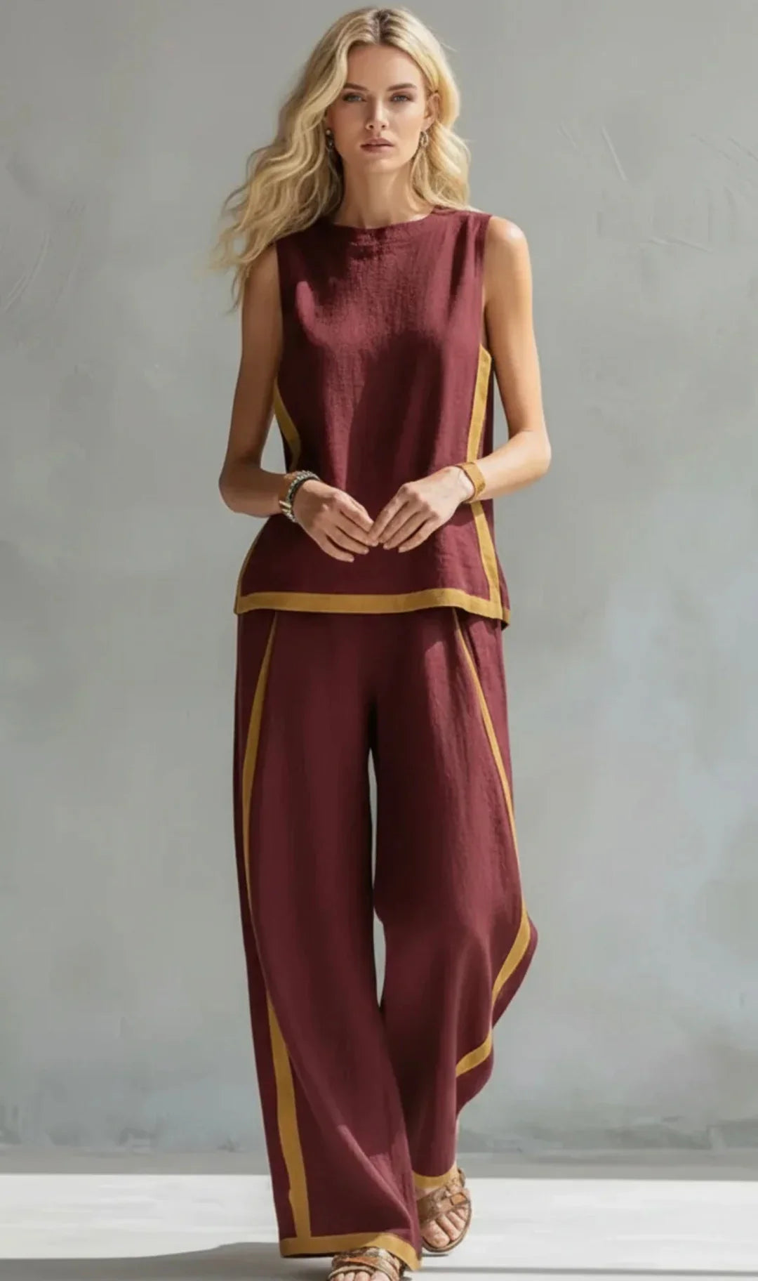 Ursula - Elegantes und lässiges Set aus Weste und Hose mit zweifarbigem Besatz