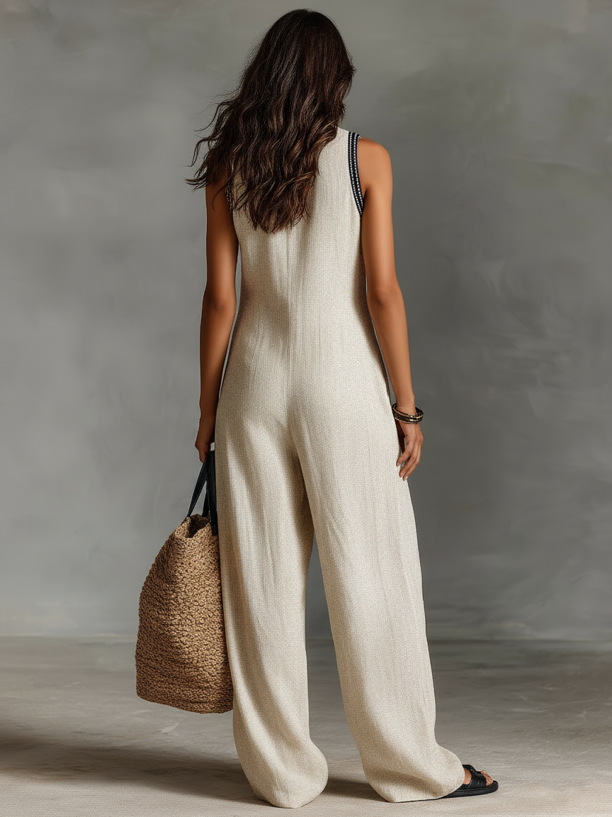 Ärmelloser Jumpsuit aus Leinen mit Reißverschluss und Stehkragen
