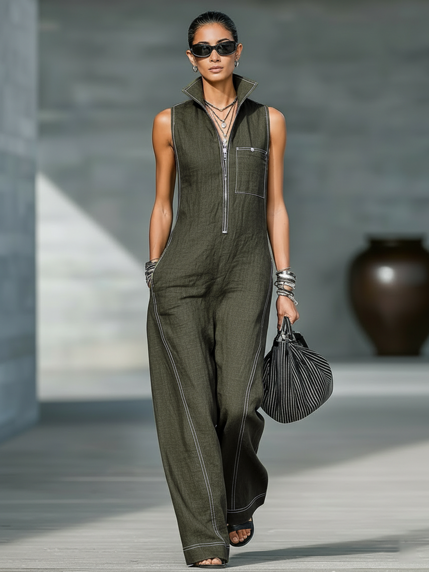 Minimalistischer, locker sitzender, ärmelloser Jumpsuit mit weißem Saum