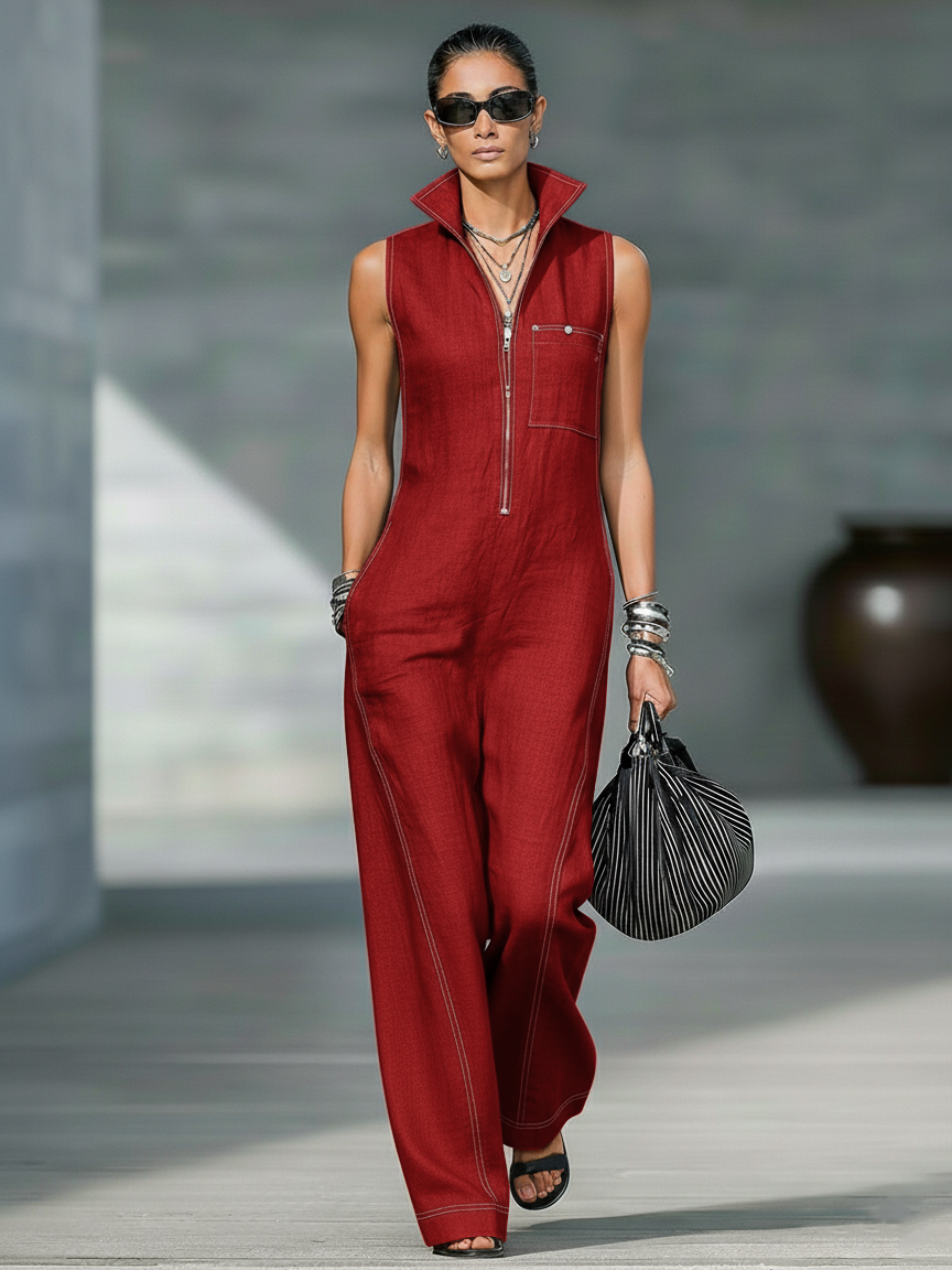 Minimalistischer, locker sitzender, ärmelloser Jumpsuit mit weißem Saum