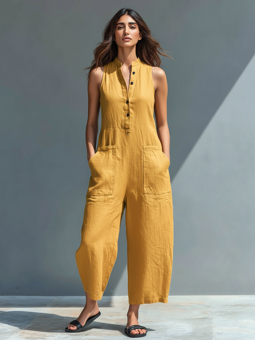Leinenmischung Button-up Stehkragen ärmelloser Jumpsuit