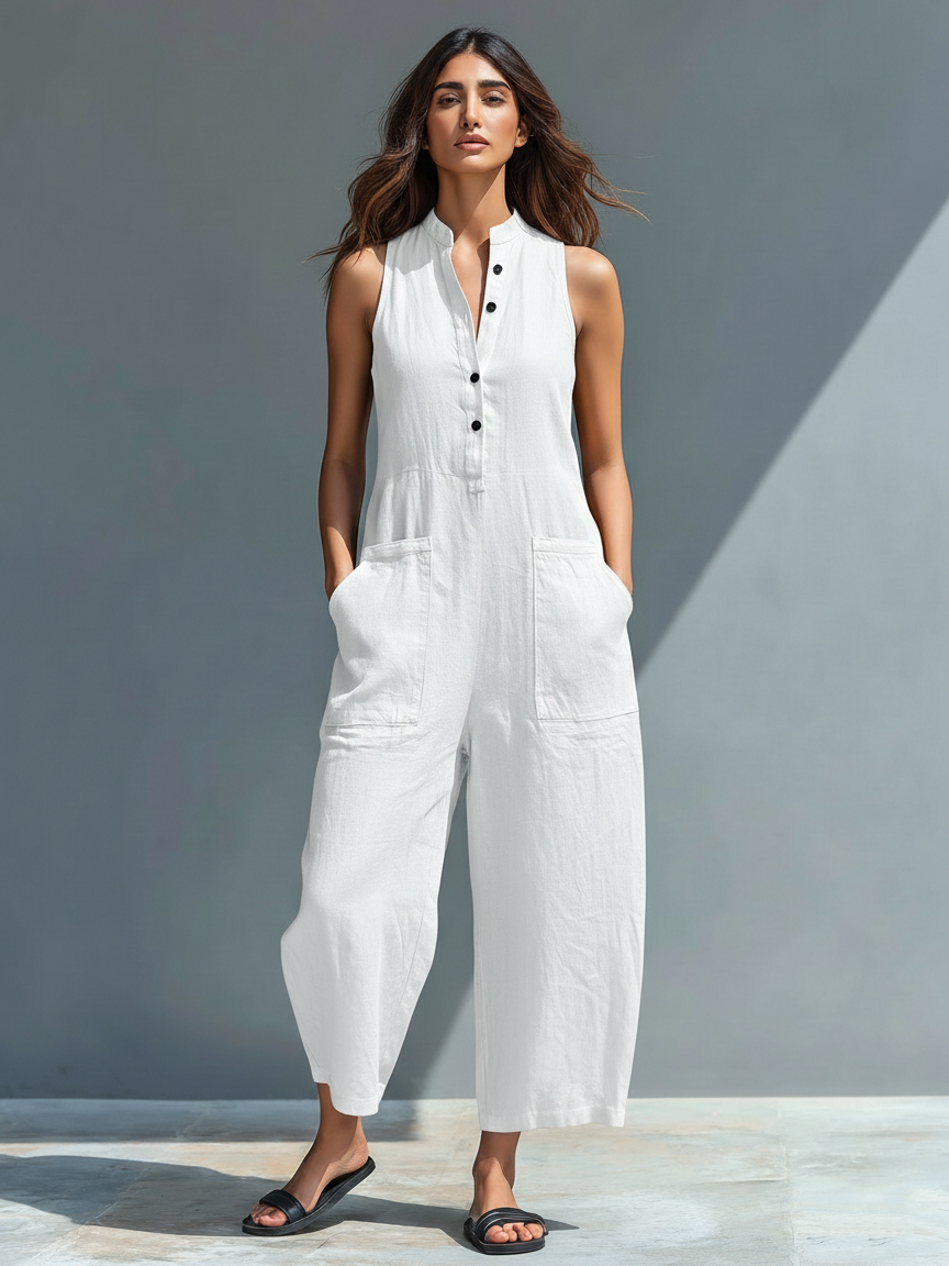 Leinenmischung Button-up Stehkragen ärmelloser Jumpsuit