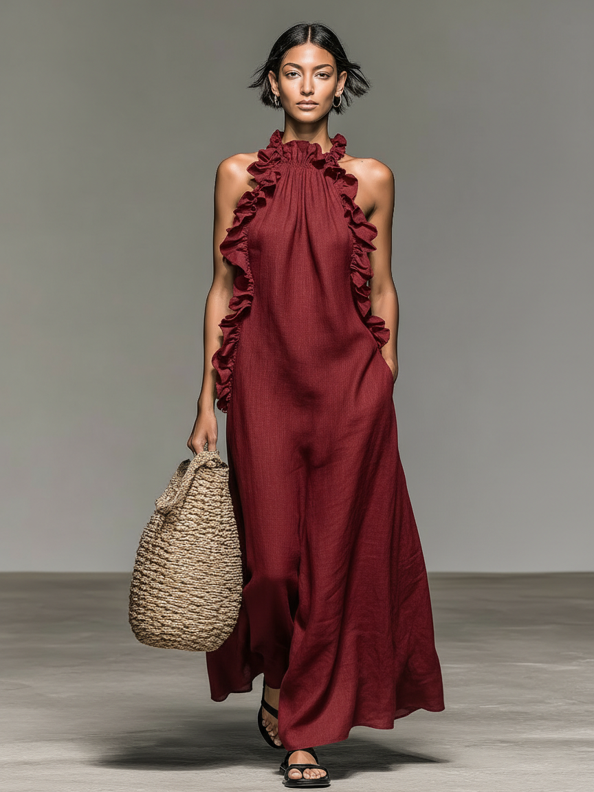 Ärmelloses Maxikleid aus einer Leinenmischung mit Rüschendetails