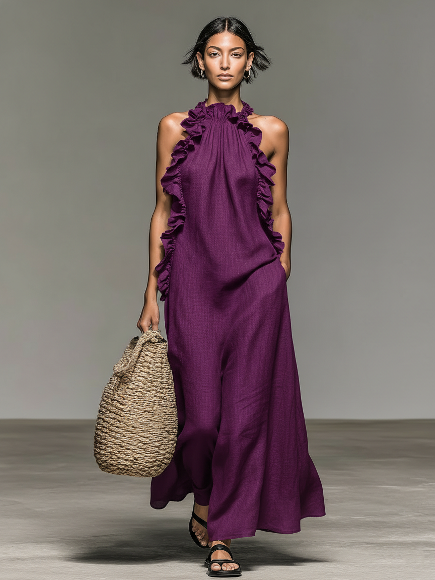 Ärmelloses Maxikleid aus einer Leinenmischung mit Rüschendetails