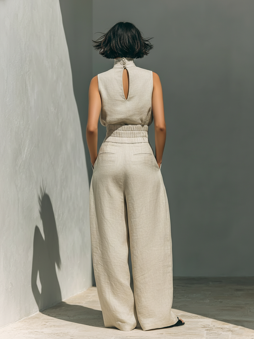 Set aus ärmelloser Bluse und Hose mit weitem Bein aus einer Baumwoll- und Leinenmischung