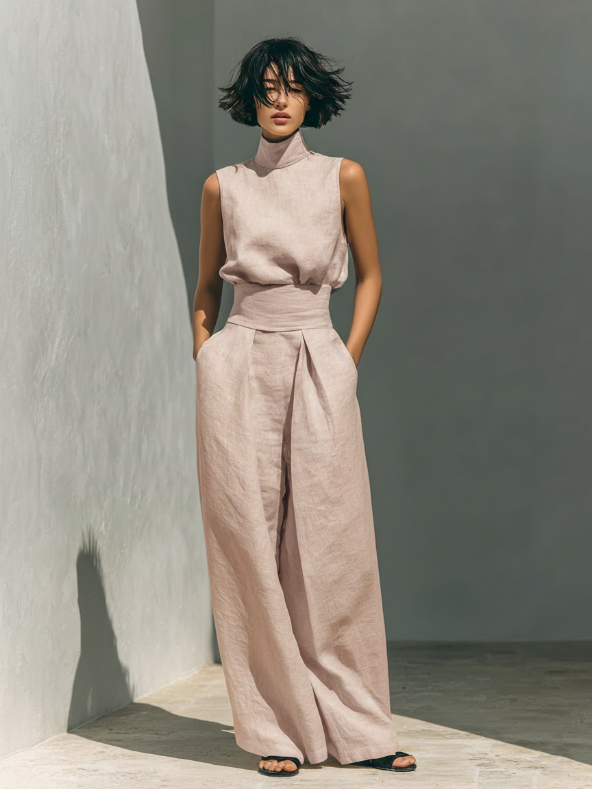 Set aus ärmelloser Bluse und Hose mit weitem Bein aus einer Baumwoll- und Leinenmischung