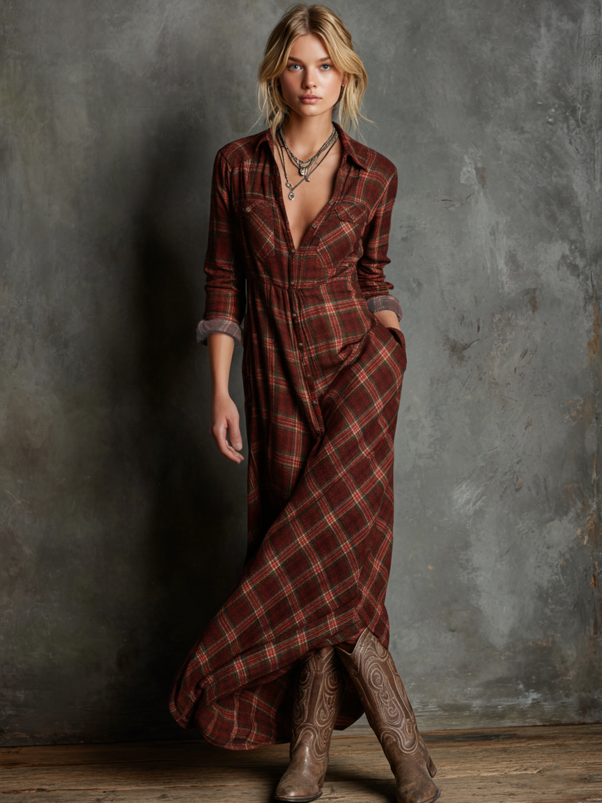 Damen Kariertes Revers Einreihiges Hemd Maxikleid