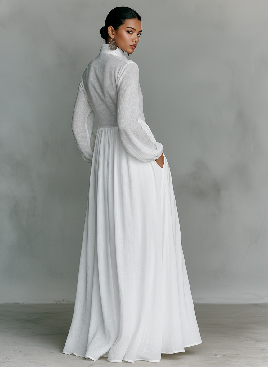 Einreihiges langärmeliges Maxikleid aus Baumwolle und Leinen mit Patchwork