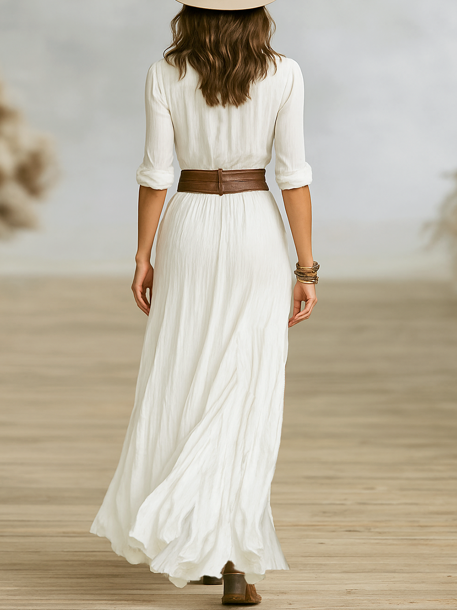 Langärmeliges Maxikleid aus Baumwolle und Leinen mit einreihigem Revers