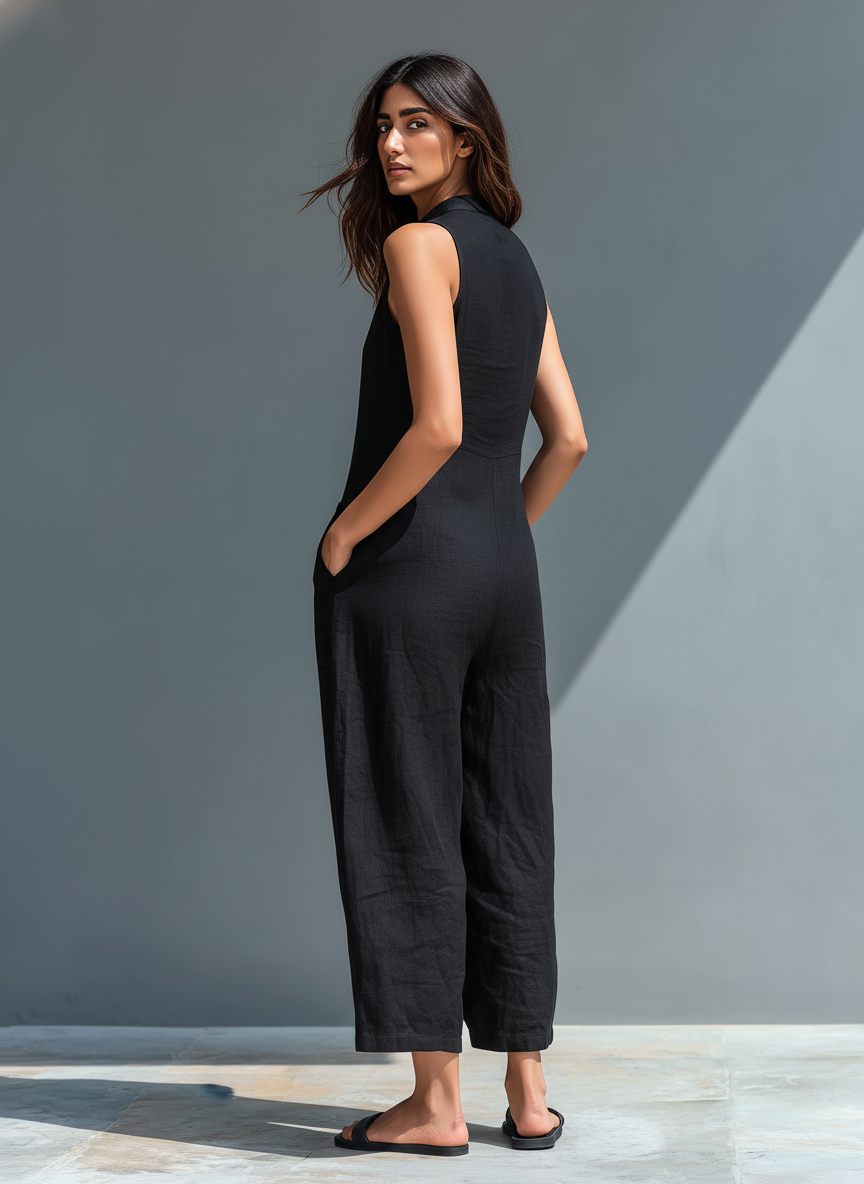 Leinenmischung Button-up Stehkragen ärmelloser Jumpsuit