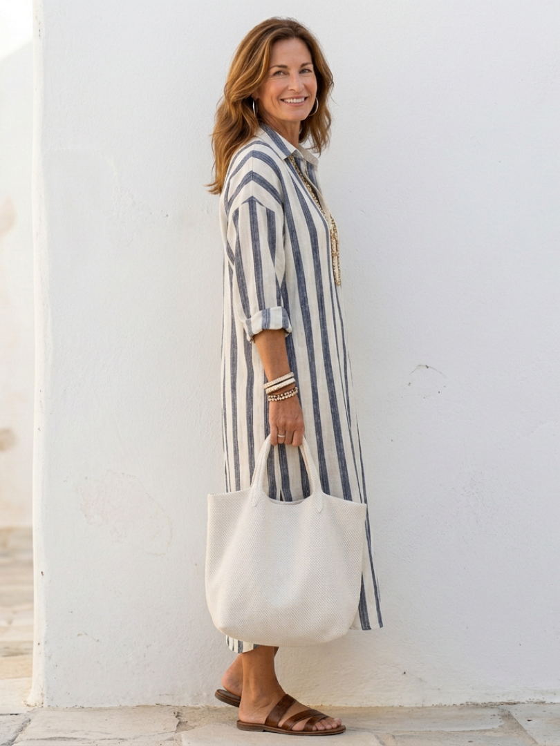 Naomi | Langärmeliges gestreiftes Midi-Hemdkleid
