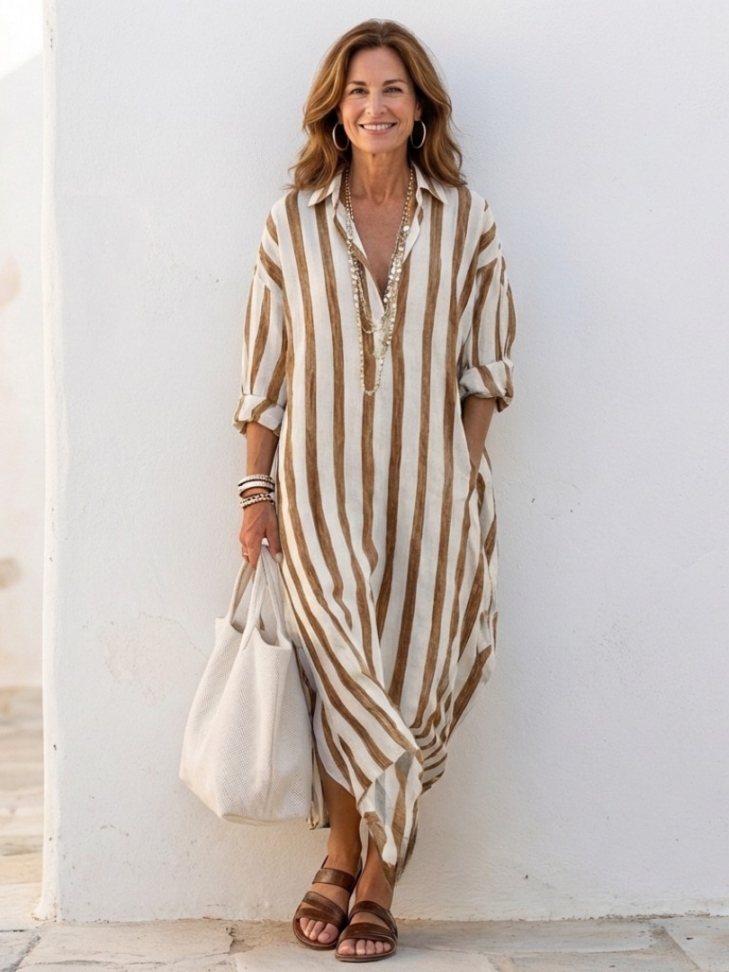 Naomi | Langärmeliges gestreiftes Midi-Hemdkleid