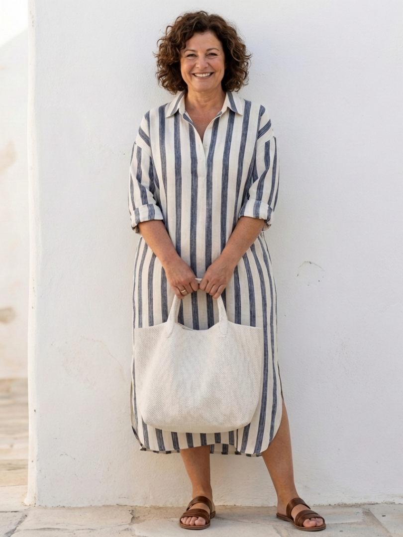 Naomi | Langärmeliges gestreiftes Midi-Hemdkleid