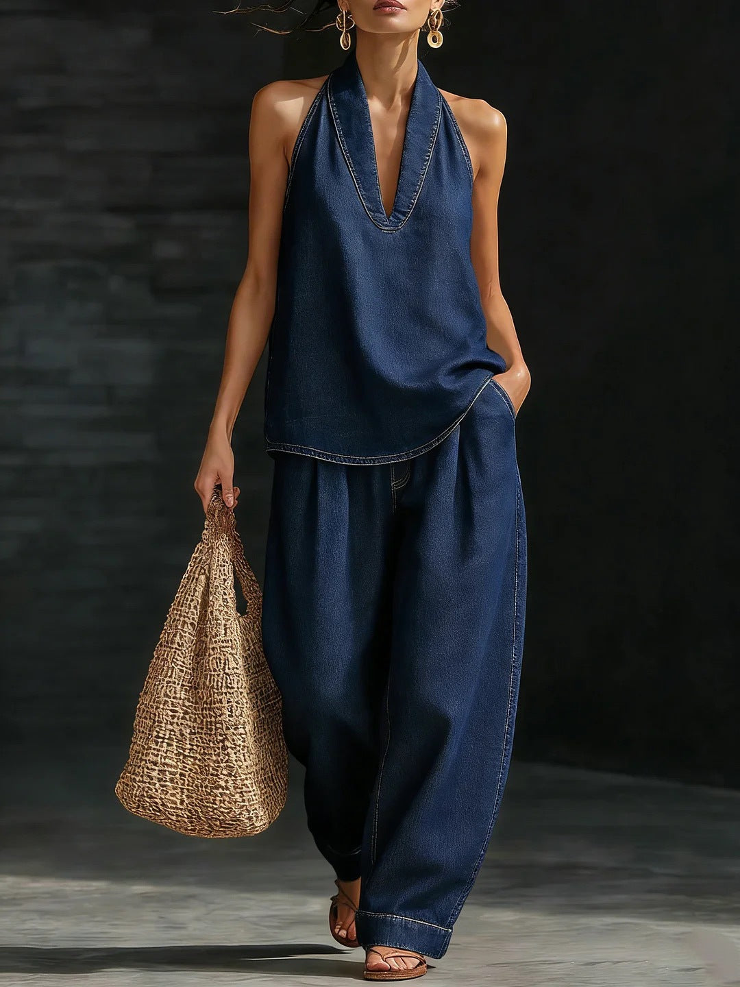 Damen 2-teiliges Denim-Set: ärmelloses V-Ausschnitt-Neckholder-Top + passende weite Hose
