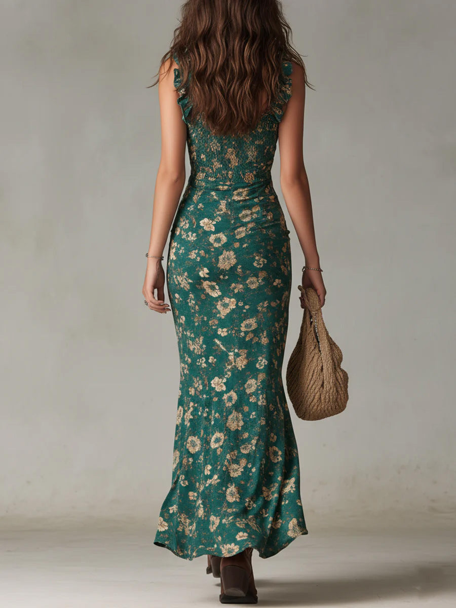 Retro-Boho-Maxikleid mit gerüschten Ärmeln und Schlitz
