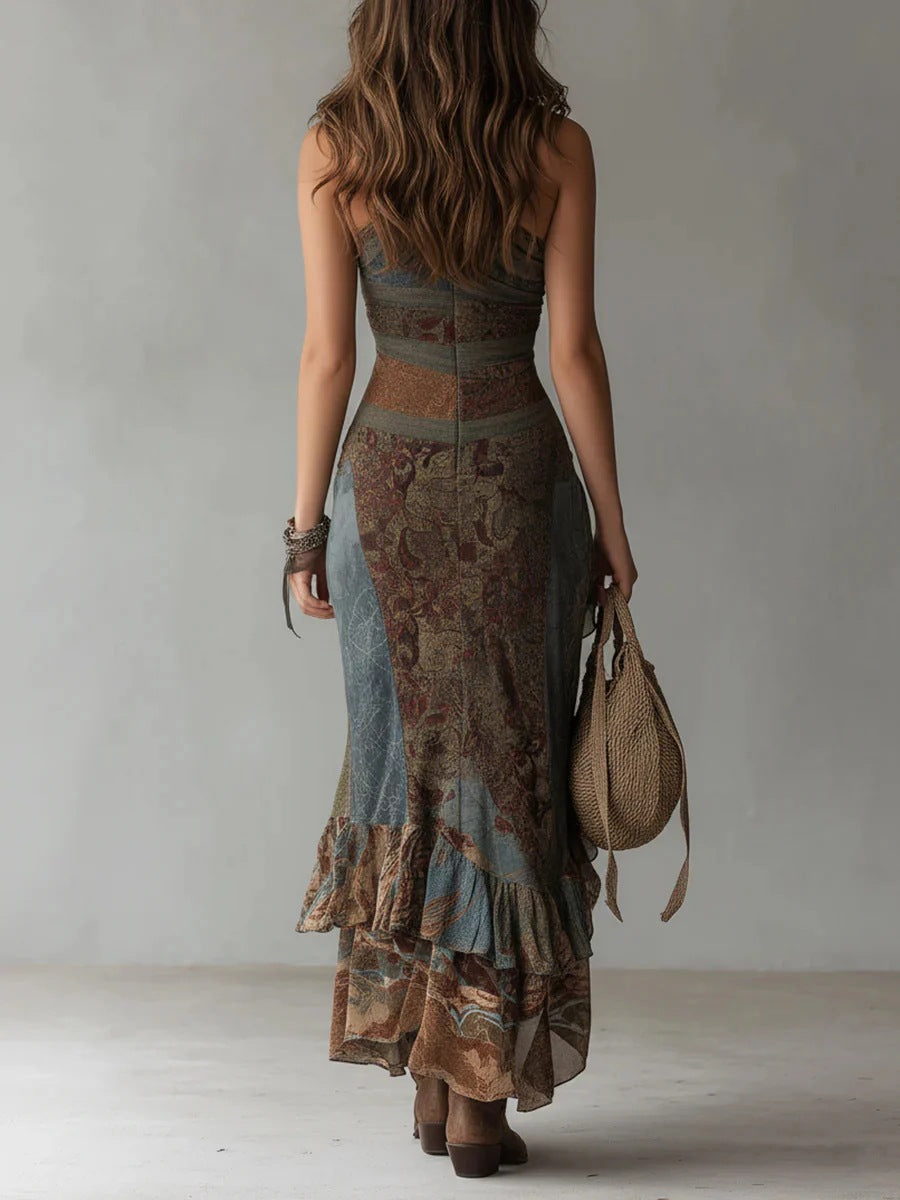 Asymmetrisches, langes Kleid im Retro-Patchwork-Print, schlank geschnitten mit hohem Schlitz