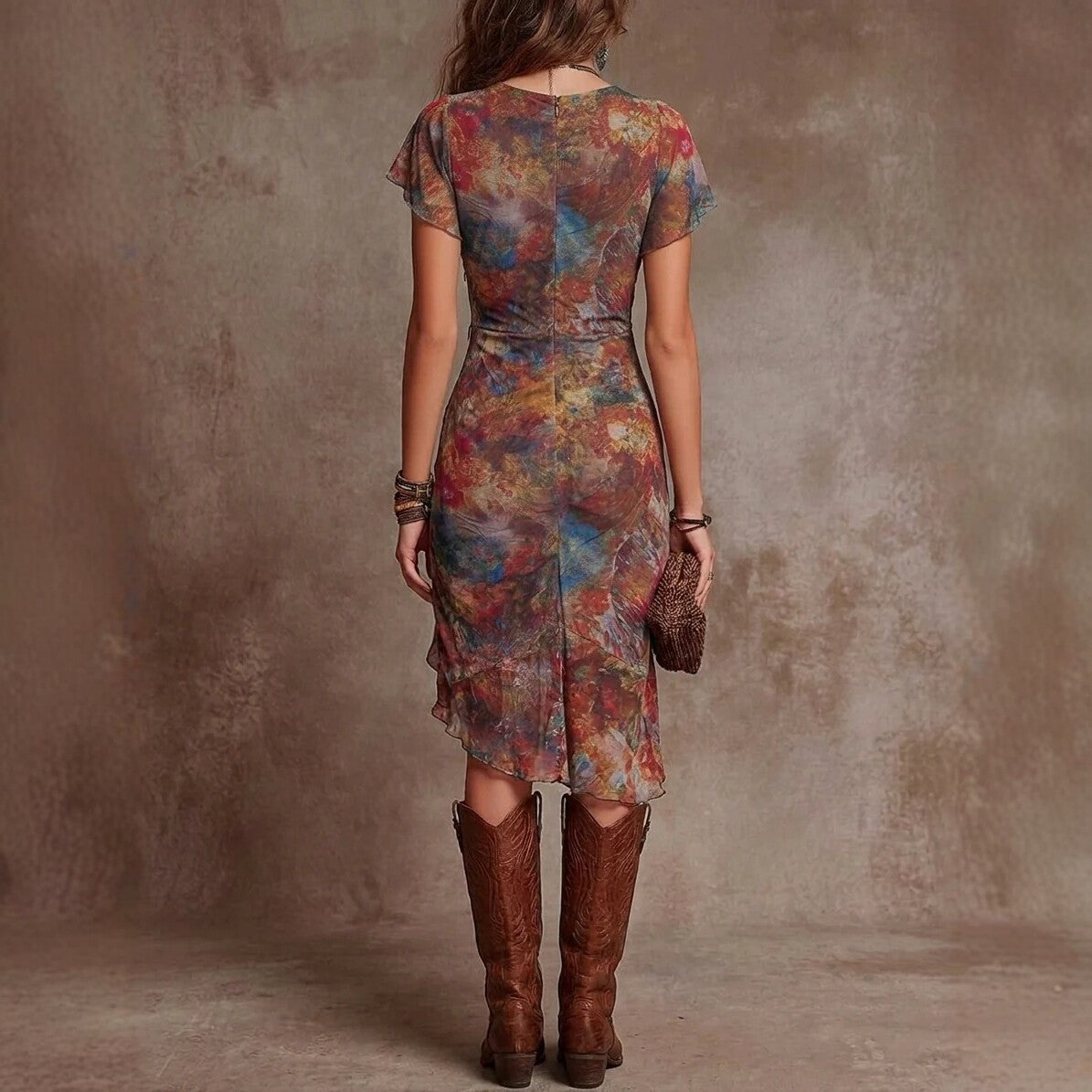 Modisches Midikleid für Damen mit V-Ausschnitt, schmaler Taille und Boho-Kunstprint