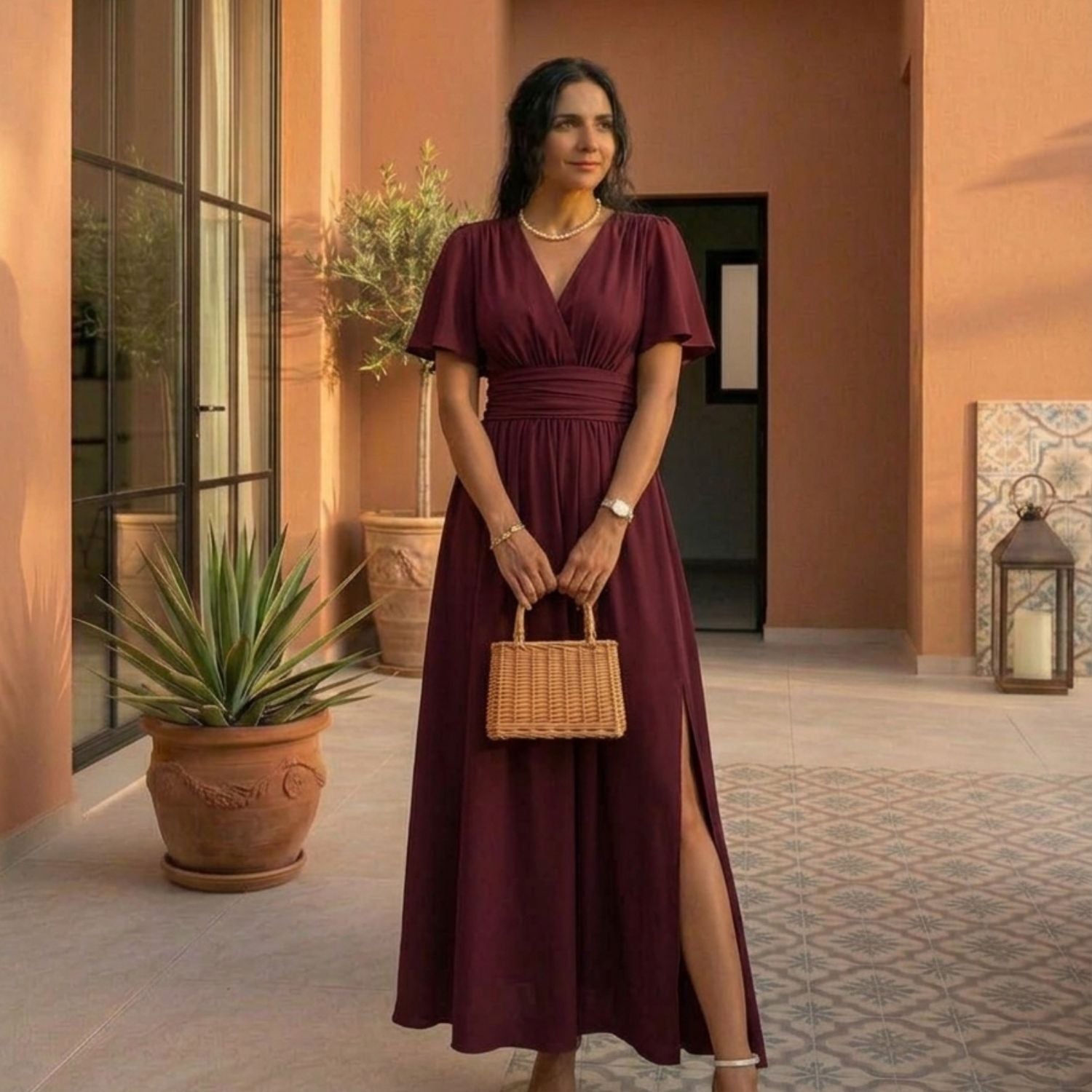 Eterna | Elegantes langes Kleid in Schwarz mit V-Ausschnitt und transparenten Ärmeln und Schlitz