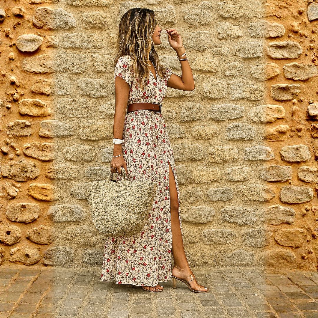 Justine™ - Langes fließendes Bohemian-Kleid mit Gürtel