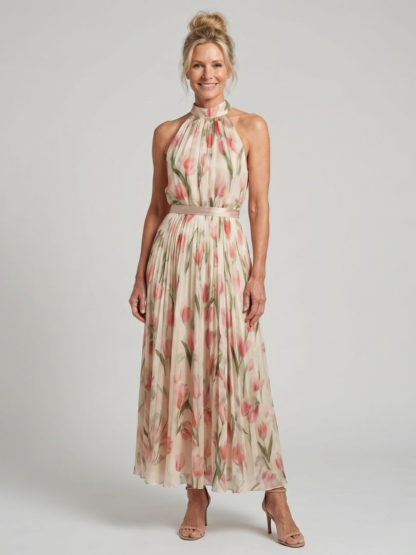 Aurelle | Blumenmuster Midi Kleid mit Neckholder