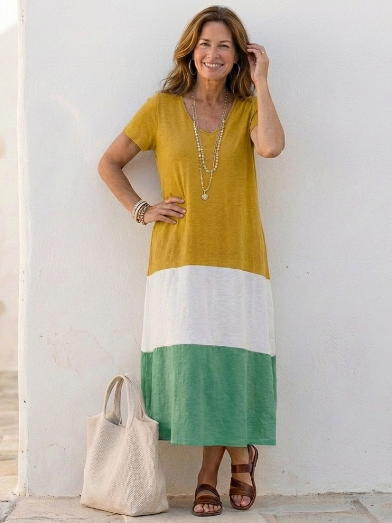 Thalia | Kurzärmeliges Midikleid mit V-Ausschnitt und Farbblock