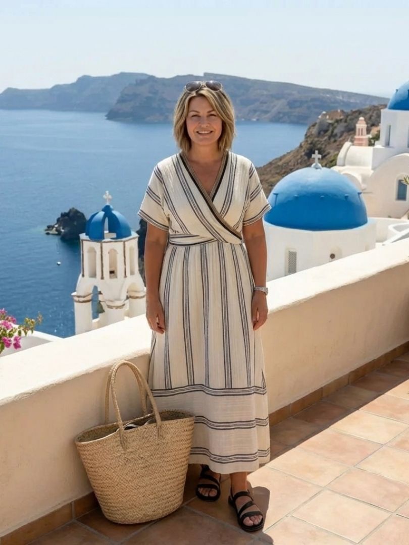 Thalassa | V-Ausschnitt Kurzarm Wrap Taille Midikleid