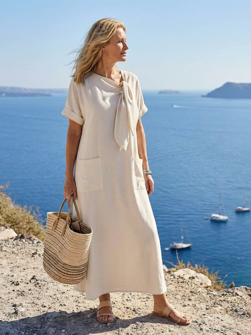 Elowyn | Rundhalsausschnitt Kurzarm-Taschen-Maxikleid
