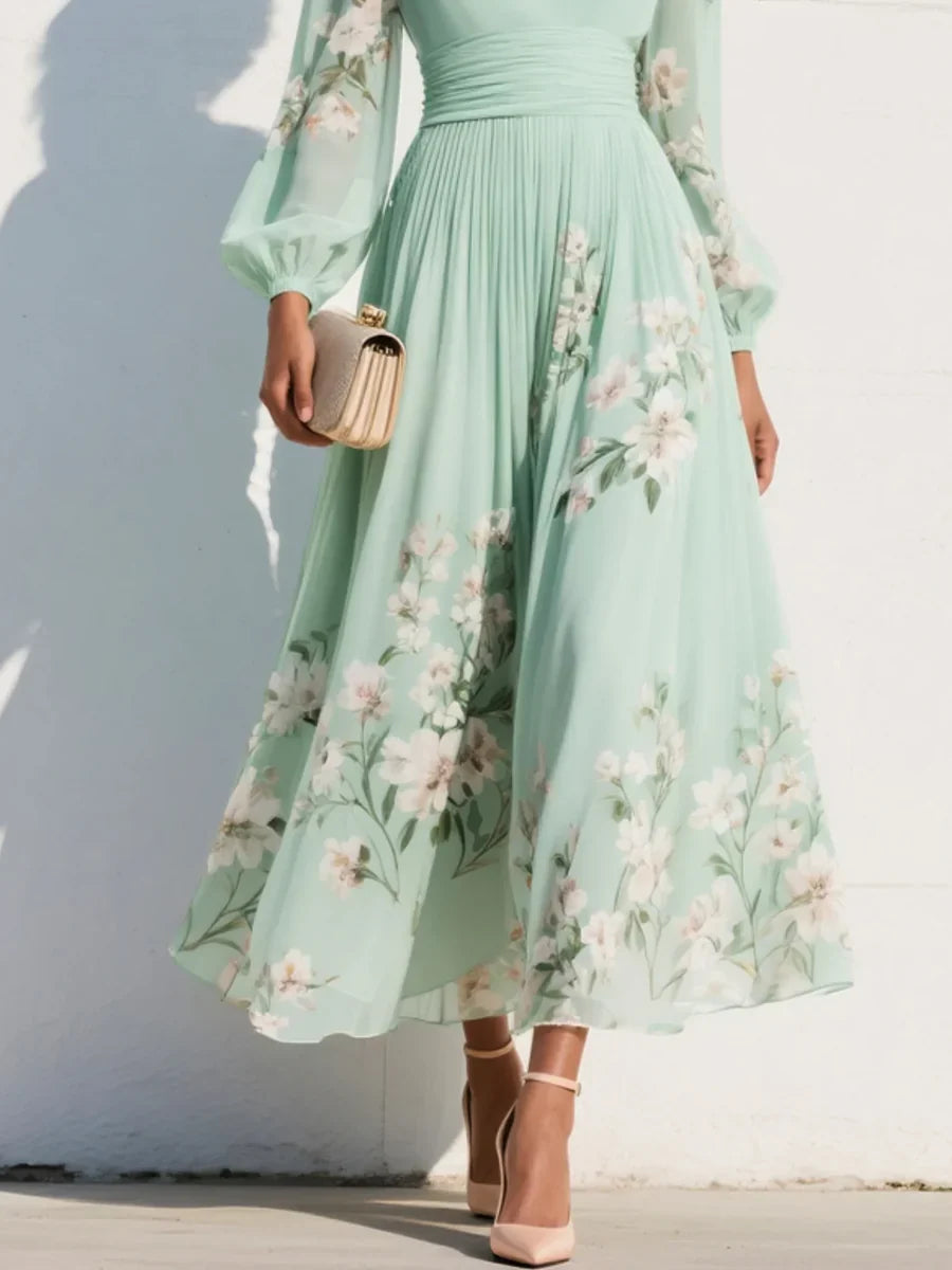 Mintgrünes, plissiertes Chiffon-Maxikleid mit Blumenmuster