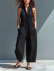Leinenmischung Button-up Stehkragen ärmelloser Jumpsuit