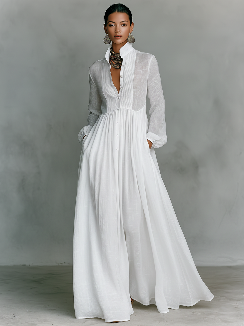 Einreihiges langärmeliges Maxikleid aus Baumwolle und Leinen mit Patchwork