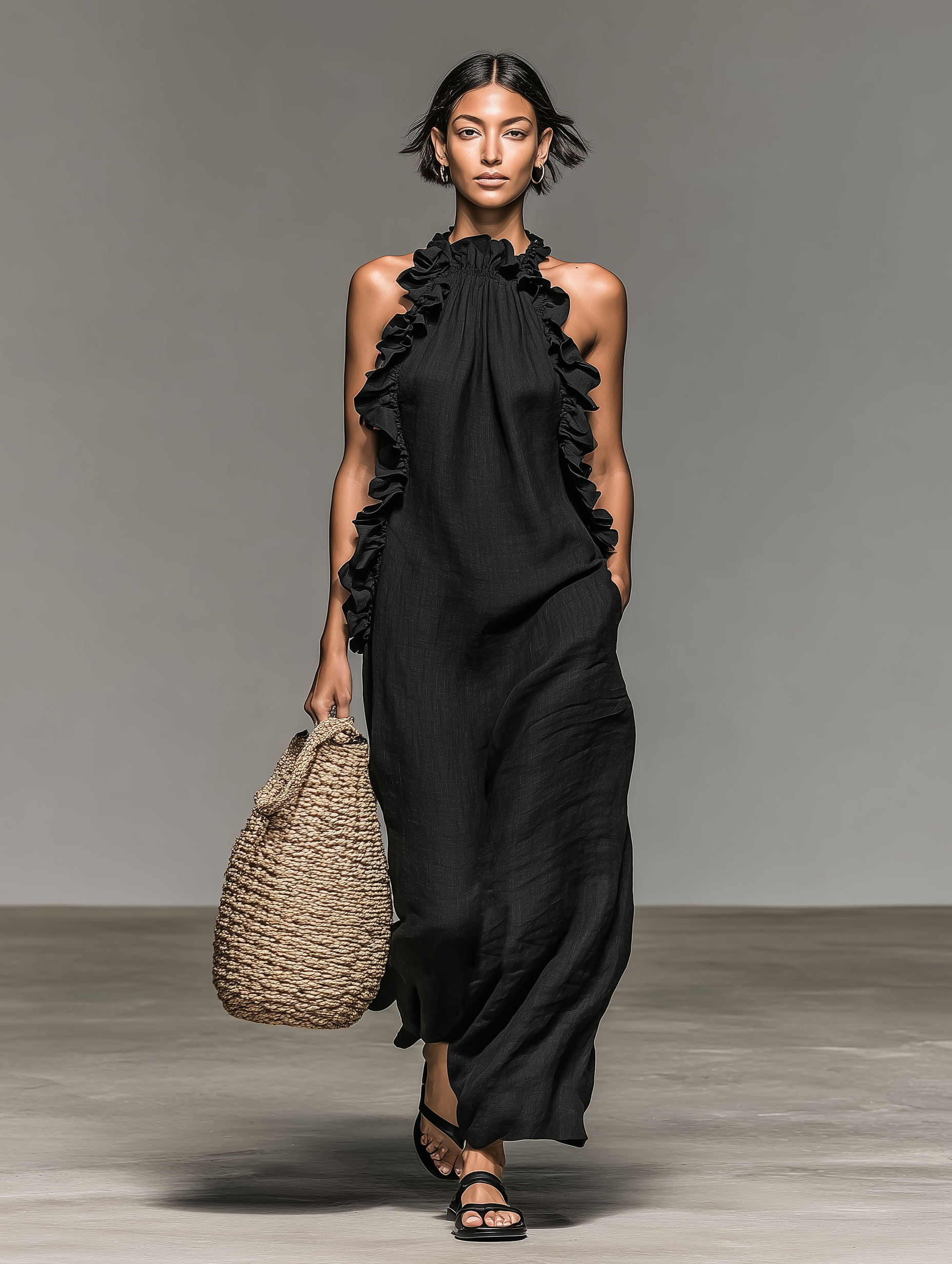 Ärmelloses Maxikleid aus einer Leinenmischung mit Rüschendetails